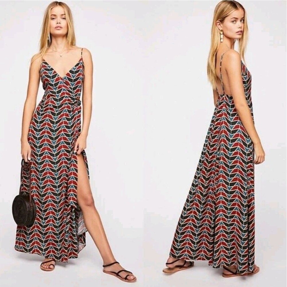 FREE PEOPLE SIREN TRUE WRAP TIE MAXI DRESS sz XS LINEN GEOMETRIC BOHO FESTIVAL